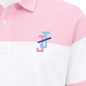 Pink White Color Block Striped Polo <b>Shirt</b> Short Sleeve Collared with JJ Logo Embroidery for Men Casual Golf Club Uniform Polo - Product Image 5