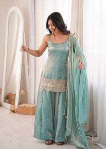 Conjunto de Traje Palazzo de Seda Verde Menta para Mujer, Corte Regular, Largo hasta el Suelo, con Dupatta Bordada, Traje Étnico de 3 Piezas para Boda - Product Image 5
