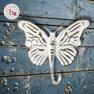 Gancho de Pared Vintage con Forma de Mariposa, Blanco, Hierro Fundido Envejecido, Hecho a Mano, Duradero, Ecológico, Ajustable, Autoadhesivo para Ropa - Product Image 1