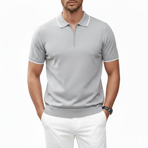 T-shirt zippé pour homme 100 % polyester 200 g respirant tricoté à manches courtes col décontracté pull-over pour l'été - Product Image 3