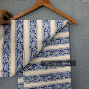 Tela de Algodón 100% Puro Estampada a Mano con Diseño Floral Azul y Rayas para Confección de Prendas al por Mayor - Product Image 1