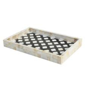 Plateau de service rectangulaire artisanal en nacre incrustée, élégant plateau décoratif en bois et résine pour la décoration de la maison et des hôtels - Product Image 1