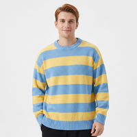 Pull en tricot rayé bleu et jaune pour homme, confortable, manches régulières, vêtement décontracté d'automne, 100% acrylique, 280g, poignets côtelés