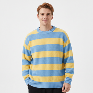Pull en tricot rayé bleu et jaune pour homme, confortable, manches régulières, vêtement décontracté d'automne, 100% acrylique, 280g, poignets côtelés - Product Image 3