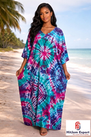 Robe Kaftan de Plage Ample Imprimée Personnalisée pour Femme en Soie, Coton et Rayonne – Mode Estivale – Fabricant OEM ODM – Fournisseur de Tissus Personnalisés