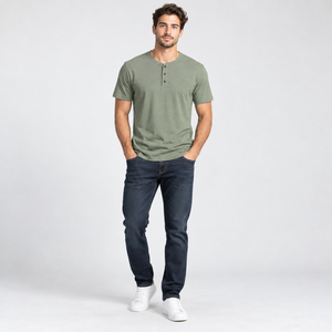 <b>Men's</b> Solid Green Short Sleeve <b>Henley</b> T-<b>Shirt</b> Regular Fit Casual Knitted O-Neck Design - Product Image 3