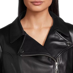 Women's Autumn/<b>Winter</b> <b>Waterproof</b> Woven PU Motorcycle <b>Jacket</b> Short Blazer-style with Button-Up Collar Solid Color - Product Image 2