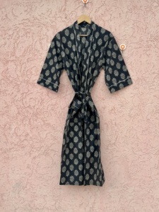 New Arrival Spring Summer Long V-neck <b>Kimono</b> Dress Cotton Robe <b>Beach</b> Cover Season Wind Block Printed Handcrafted Style Women - Product Image 3