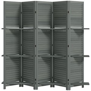 Divisorio Artigianale in Legno a 5 Pannelli, Alto 170 cm, con 3 Ripiani Pieghevoli per Camera da Letto, Grigio - Separatore per la Casa - Product Image 1