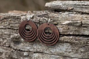 Wooden Circle Earrings With <b>Laser</b> <b>Cut</b> Pattern Dark Brown <b>Wood</b> Round Shape Dangle Earrings For Women - Product Image 2