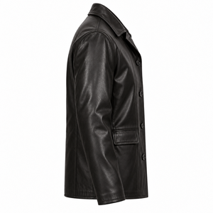 <b>Men's</b> Genuine Leather Jacket Turn Down Collar Single Breasted <b>Coat</b> Solid <b>Black</b> Casual <b>Long</b> Sleeve Outerwear - Product Image 4