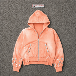 Sweat à capuche de luxe orné de cristaux pêche, veste zippée intégrale vintage effet vieilli, manches surdimensionnées avec strass, style urbain et streetwear - Product Image 5