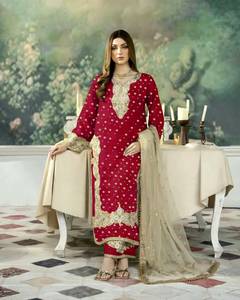 Salwar Kameez indien pakistanais brodé rouge, long jusqu'au sol, à séchage rapide, pour femmes, en mélange de soie, pour fêtes, mariages, tenue de mariée - Product Image 1