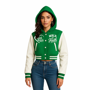 Chaqueta Varsity Corta para Mujer con Capucha, Estilo Bomber, Verde y Blanca, con la Frase "Loved Beyond Measure, Walk By Faith", para Uso Cristiano - Product Image 5