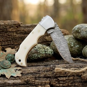 UA Supplies OEM Industrial Grade Damascus Steel Foldable Pocket <b>Knife</b> with Clip Point Blade White <b>Handle</b> 6.5in EDC - Product Image 3
