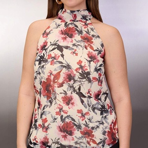 Haut sans manches en mousseline florale pour femme, col montant, dos noué, couleur crème, fabricant de vêtements - Product Image 3