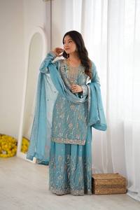 <b>Women</b> Sky Blue Embroidered Sharara <b>Suit</b> Set With Heavy Sequin Work Long Kurti Wide Leg Pants and Matching Dupatta Designer India - Product Image 6