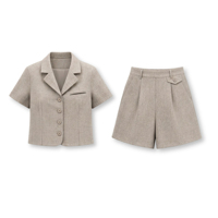 Setelan Wanita 2 Potong Warna Beige Kasual, Rompi Pendek Berkancing, Bahan Polyester Spandex Anti-Statik ZELDA