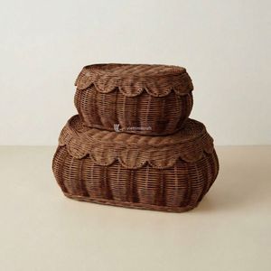 HOT <b>Rattan</b> <b>Storage</b> <b>Basket</b> with Lid, Scalloped Edge Round Organizer Box for Bathroom and Bedroom - Product Image 1