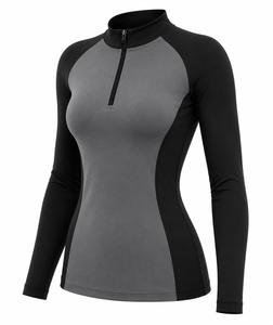 <b>Women's</b> Full Sleeve Top Trending Color Blocked Quarter Zipper Rash Guard Top Quick Dry Spandex Polyester <b>Swim</b> <b>Shirt</b> Black Gray - Product Image 3
