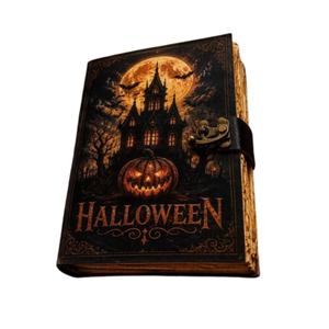 Journal en cuir vintage d'Halloween avec serrure, Grimoire de la maison hantée, Papier antique à bords festonnés, Livre des ombres gothique à thème citrouille - Product Image 1
