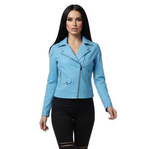 <b>Womens</b> Sky Blue Real Leather Motorbike Jacket Custom Service Trendy Ladies Biker <b>Coat</b> Bulk Quantity Daily Fashion Outerwear - Product Image 1