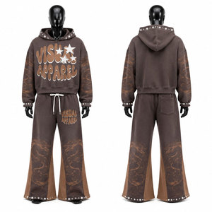 Red Hooded Tracksuit With Flame Print And Rhinestone Logo Streetwear Full Length Zipper Sweatshirt And Wide Leg <b>Pants</b> Tracksuit - Product Image 1