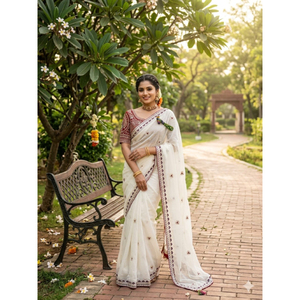 Sari Blanco Premium Bordado con Borde de Diseño |   Sari de fiesta de georgette suave |   Elegante Festival de Bodas Étnicas Indias - Product Image 1