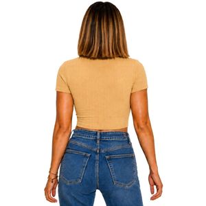 Top Corto Acanalado Beige para Mujer, Manga Corta, Cuello Redondo, Ajuste Delgado, Camiseta Casual de Punto, Moda de Verano, Algodón Elástico, Spandex, Básico - Product Image 2