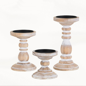 Venta de fábrica portavelas de pilar de madera Juego de 3 portavelas de madera de mango blanco rústico para velas de pilar para decoración del hogar - Product Image 2
