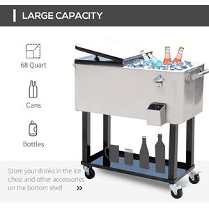 80 QT Silver Cooling Bin Rolling Ice Chest with Wheels Outdoor <b>Stand</b>-Up <b>Drink</b> Cooler Cart for Parties - Product Image 3