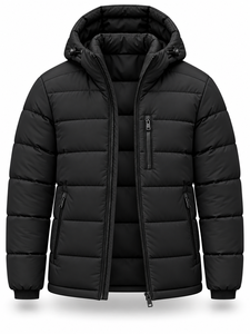 Veste matelassée à capuche noire pour homme, imperméable, coupe-vent, fermeture éclair, logo sur le devant, rembourrage en polyester, manteau décontracté d'hiver - Product Image 3