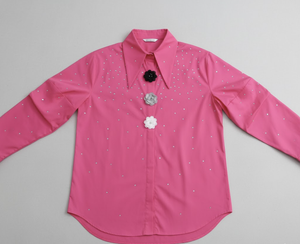Camisa de Mujer con Botones y Estampado de Lunares Rosas, Manga Larga, Corte Holgado, Informal, para Uso Diario, Blusa de Popelina Tejida con Botones Decorativos - Product Image 5