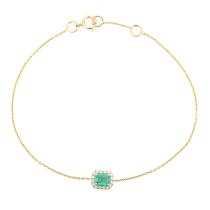 Magnifique Bracelet Halo Solitaire Unisexe en Or Jaune Véritable K14 avec Émeraude et Diamant, Pierre de Naissance de Mai, pour un Port Quotidien - Product Image 1