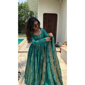 Fancy Satin Anarkali Gown Set with Empire Waistline & A-Line Silhouette Including Dupatta & Bottom - Product Image 4