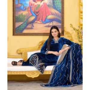 Traje de terciopelo de fiesta para mujer de diseñador con trabajo bordado elegante - Product Image 4