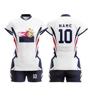 Custom Sublimated Women's Volleyball Uniform Set White Navy Red V-Neck Short Sleeve Moisture Wicking <b>Athletic</b> Fit - Product Image 1