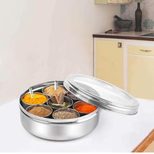 Boîte à épices en métal de fabrication directe, Masala Dabba, boîte à épices en acier inoxydable avec 7 récipients à condiments en métal, couvercle en verre, support à épices - Product Image 1