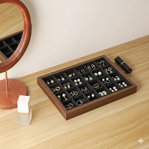 Luxurious Wooden Jewelry Organizer Tray, 24 Compartments Velvet-Lined <b>Display</b> <b>Case</b>, Storage Box for Rings Earrings Studs, Premiu - Product Image 4