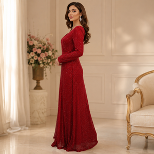 Women Red <b>Sequin</b> Maxi Dress Long Sleeve V Neck Wrap Style Elegant Sparkle Evening Gown Party Wedding Formal Cocktail Occasion - Product Image 4
