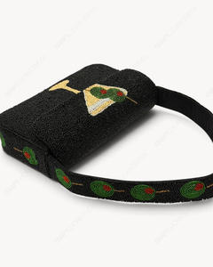 Handcrafted <b>Black</b> Beaded Shoulder <b>Bag</b> Martini Glass Cocktail Motif <b>Evening</b> Handbag Long Strap Women Wholesale Supplier - Product Image 3