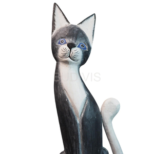 Figura de Gato de Madera Pintada a Mano en Blanco y Negro con Detalle de Ojos Azules, Diseño Rústico, Adorno de Decoración para el Hogar, para Sala de Estar - Product Image 4