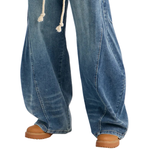Pantalon cargo en jean pour femme, coupe large, taille mi-haute, ample, respirant, style streetwear décontracté, bleu délavé, taille à cordon de serrage, poches utilitaires - Product Image 5