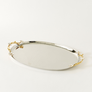 Plateau décoratif classique en métal argenté et aluminium avec poignée florale dorée, parfait pour servir, décorer la maison et offrir en cadeau. - Product Image 2