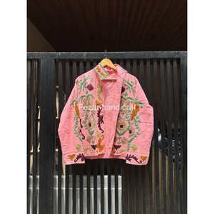 Veste en coton rose brodée, col mandarin, broderie florale à la main, vêtements de printemps pour femmes - Product Image 1