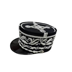 Casquette Képi Noire OEM Personnalisée avec Broderie Feuille Tressée Argentée et Visière Brillante pour Tenue de Cérémonie, Défilé ou Costume Formel - Product Image 1