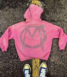 เสื้อฮู้ดซิปโอเวอร์ไซส์ผ้าฝ้ายปักลายสไตล์วินเทจสำหรับผู้ชาย รุ่นครอปประดับคริสตัล สตรีทแวร์ - Product Image 5