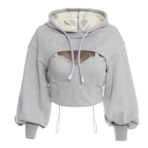 Sudadera con capucha corta gris para mujer con mangas abullonadas y diseño de recorte frontal, sudadera de punto de color liso - Product Image 1