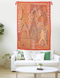 NOUVEAU Tapisserie murale en coton brodée style bohème JAIPUR, motif floral orange, carrée, pour décoration intérieure, art textile à suspendre - Product Image 1