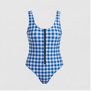 Women's Blue <b>Checkered</b> One-Piece Swimsuit With Front Zipper Scoop Neck High Waist Design - Product Image 1